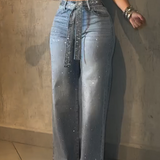 Stylish Mid Waist Diamond Studded Wide Leg Jeans with Belt