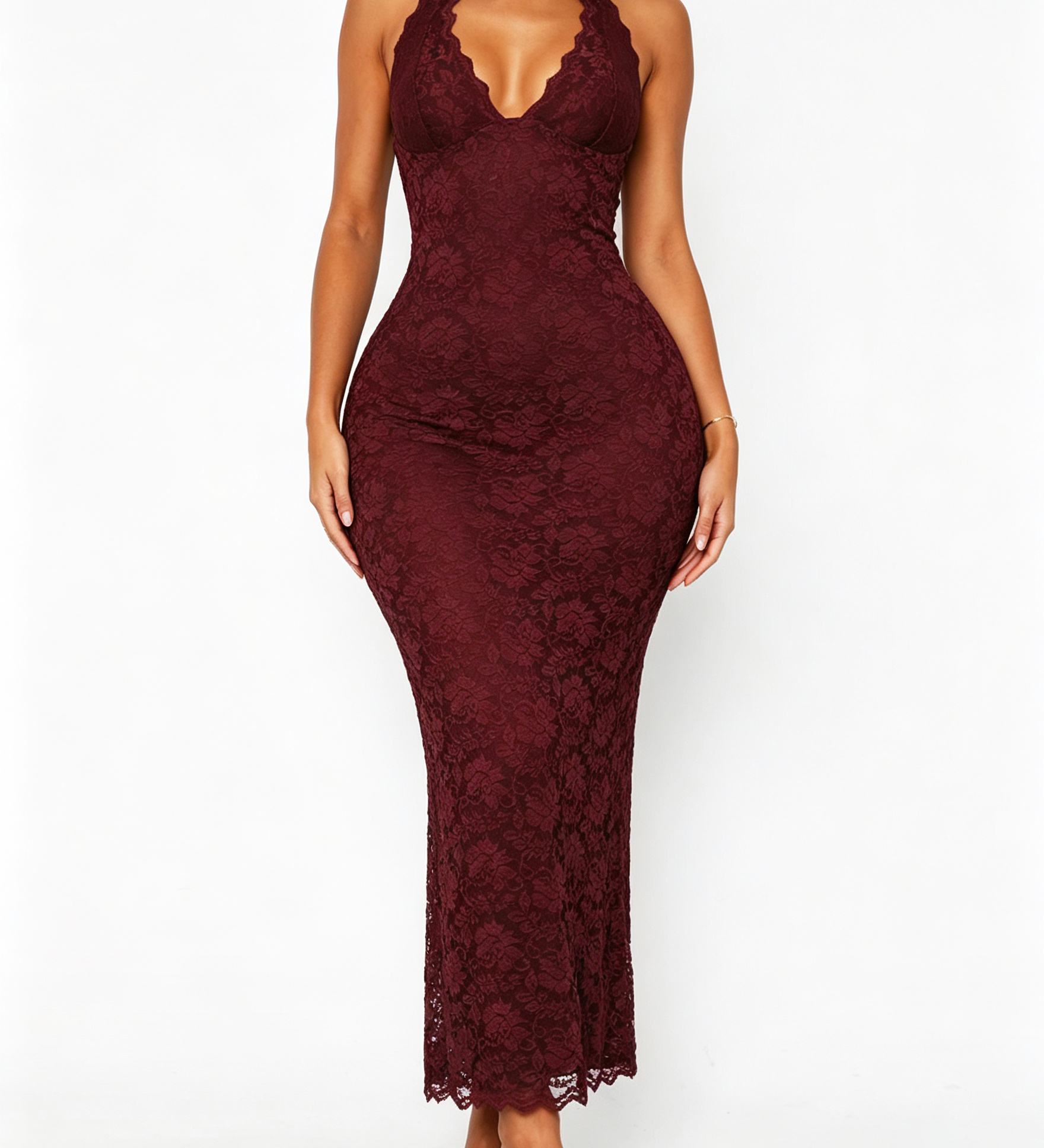 Halter Deep V Backless Lace Slit Midi Bodycon Dress