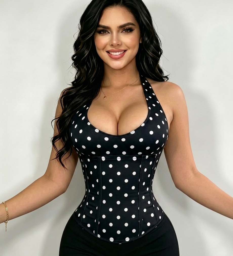 Polka Dot Halter Corset Top with Tied-up Back