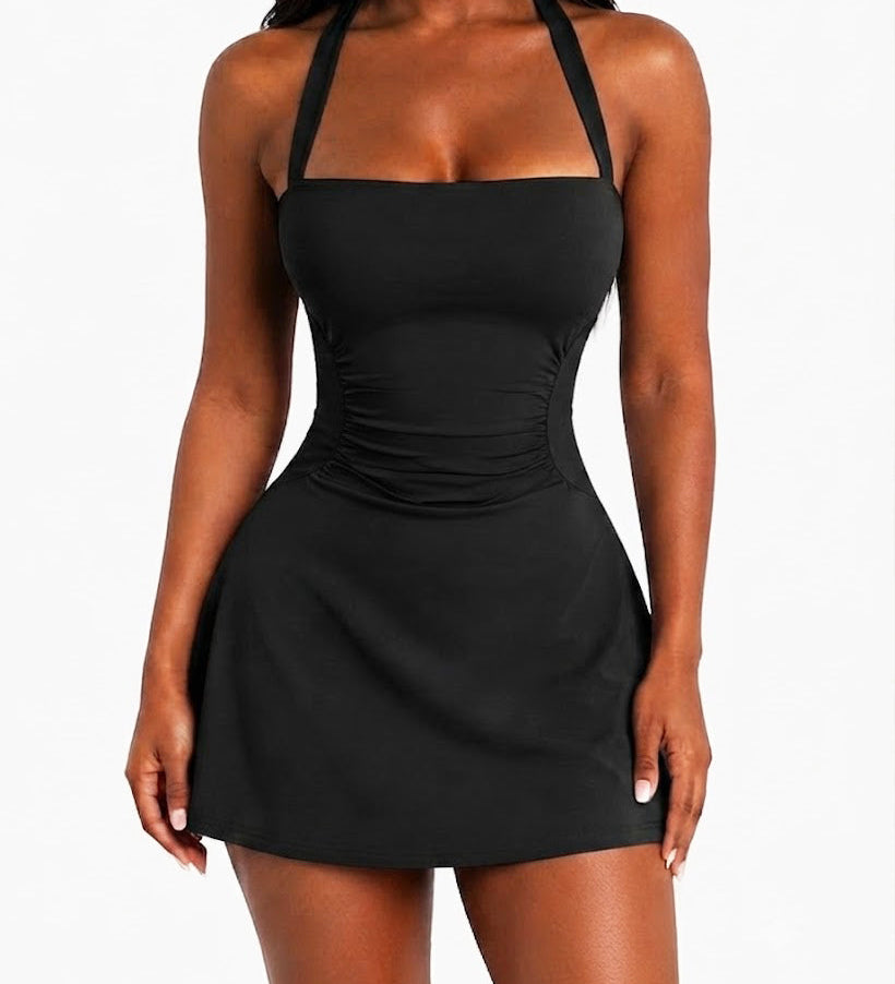 Halter Side Ruched Waist-cinching A Line Mini Dress