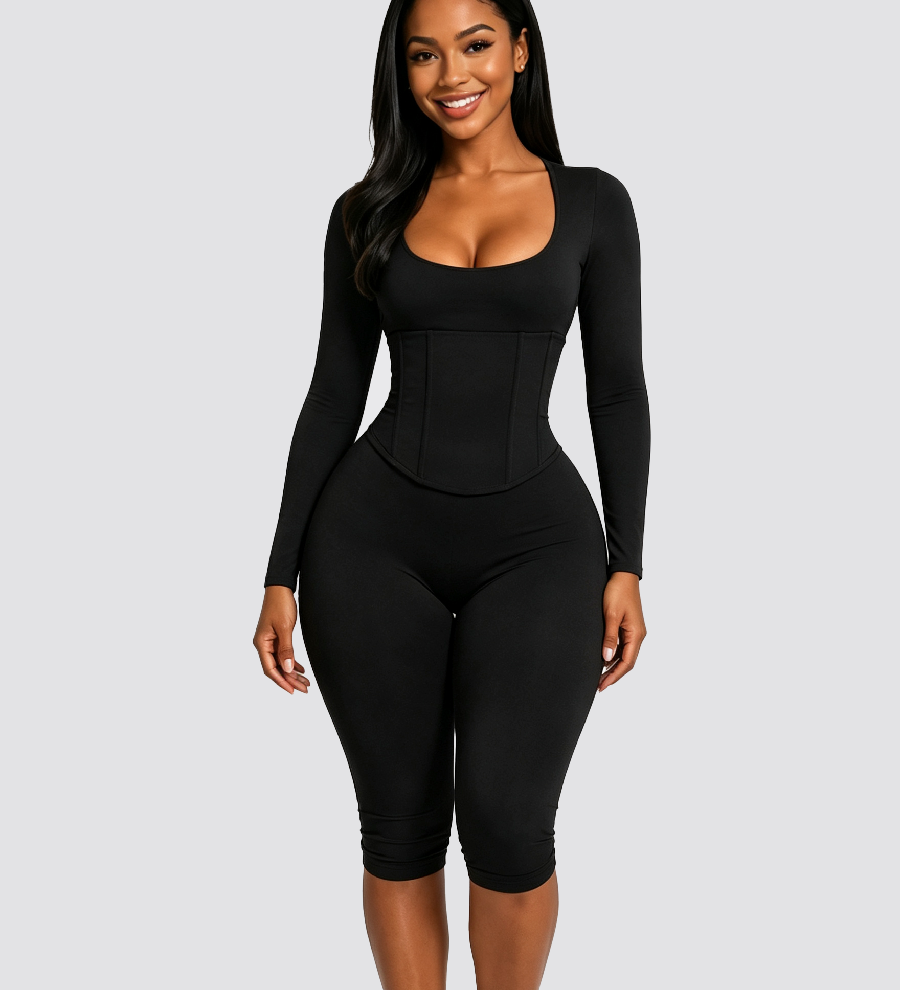 Long Sleeve Detachable Waist Cincher Two Piece Capri Shapewear Corset Jumpsuit
