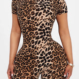 Short Sleeve Slim Fit Leopard Print Capri Jumpsuit