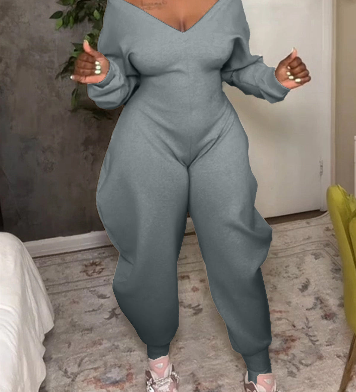 Cozy V Neck Baggy Long Sleeve Jumpsuit