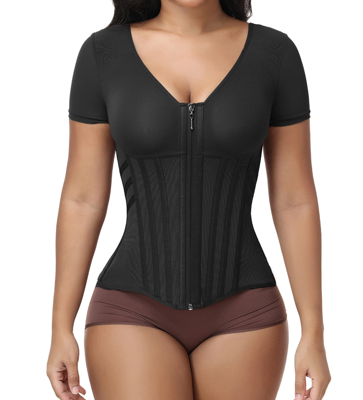 V Neck Front Zipper Short Sleeve Segmented Bone Waist Trainer Compression Shaping Top