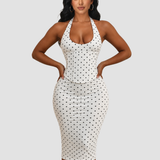 Polka Dot Corset Halter Midi Dress with Lace-Up Back
