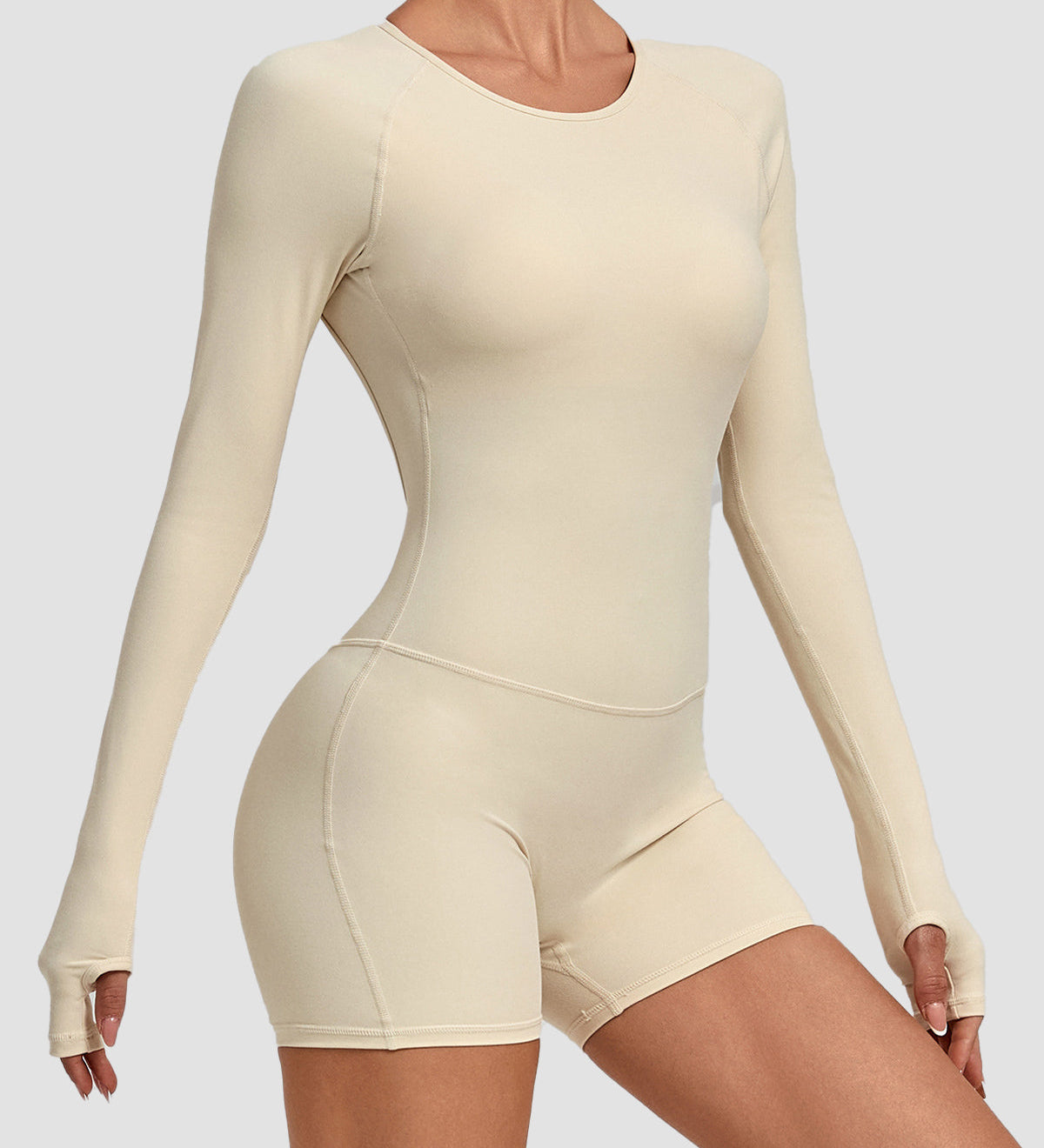 Round Neck Long Sleeve Open Back Tight Fit Workout Romper