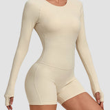 Round Neck Long Sleeve Open Back Tight Fit Workout Romper
