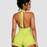 Polka Dot Halter Neck Ruffle Hem Romper Swimsuit