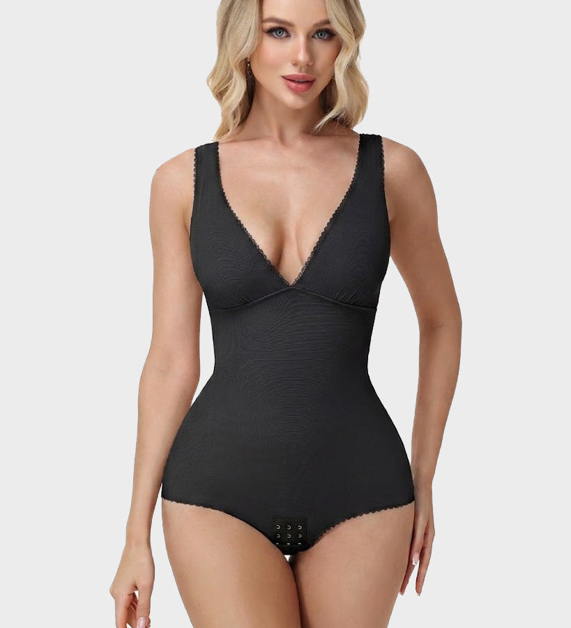 V Neck Lace Trim Sleeveless Bodysuit Tummy Control Butt Lifting Shaper