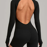 Round Neck Long Sleeve Open Back Tight Fit Workout Romper