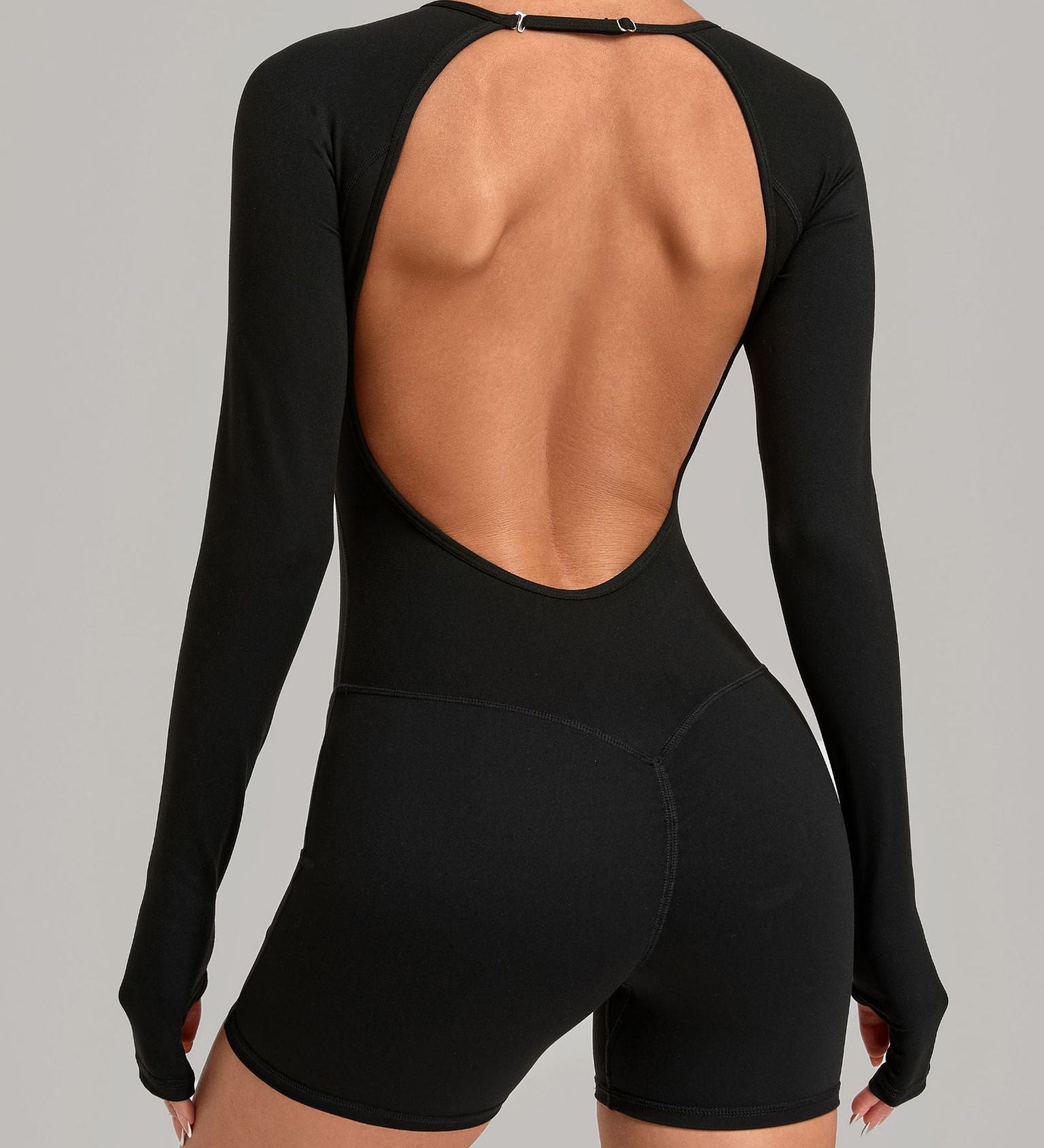 Round Neck Long Sleeve Open Back Tight Fit Workout Romper