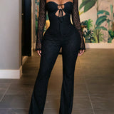 Sexy Cutout Front Tie Long Sleeve Open Back Lace Flare Jumpsuit