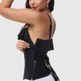 Black Shimmer Ruffle Trim Corset Top with Adjustable Straps