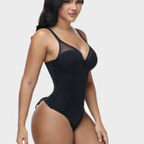 Mesh V Neck Thong Bodysuit Adjustable Straps Lace Up Back Tummy Control Shapewear