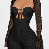 Sexy Cutout Front Tie Long Sleeve Open Back Lace Flare Jumpsuit