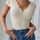 Sexy Deep V Neck Lace Short Sleeve Bodysuit One Piece Slim Fit Body Shaper