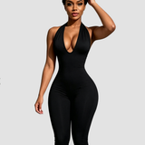 Hourglass Halter V Neck Backless Butt Lifting Capri Jumpsuit In Polk Dot