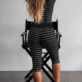Striped Crew Neck Short Sleeve Crop Top Capri Leggings Two Piece Set