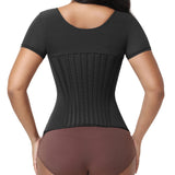 V Neck Front Zipper Short Sleeve Segmented Bone Waist Trainer Compression Shaping Top