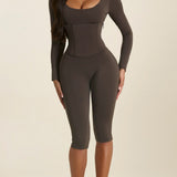 Long Sleeve Detachable Waist Cincher Two Piece Capri Shapewear Corset Jumpsuit