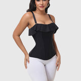 Black Shimmer Ruffle Trim Corset Top with Adjustable Straps