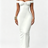 Off Shoulder Ruched Bust Bodycon Maxi Dress with Back Slit