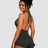 Polka Dot Halter Neck Ruffle Hem Romper Swimsuit