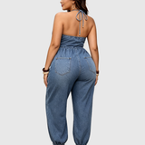 Halter  Backless Pocket Jogger Denim Jumpsuit