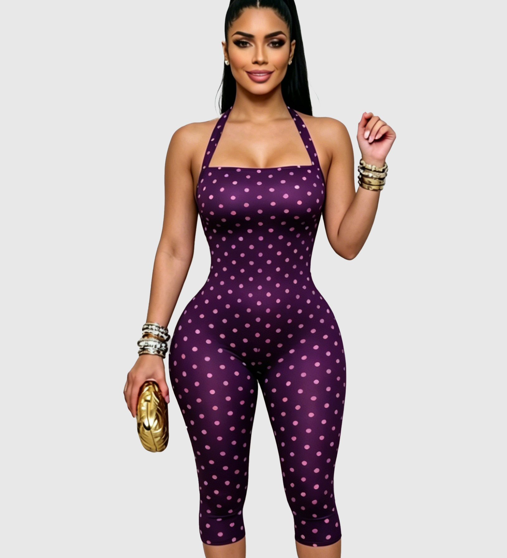 Polka Dot Halter Neck Open Back Skinny Capri Jumpsuit
