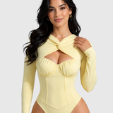 Sexy Twist Cutout Bustier Long Sleeve High Cut Bodysuit