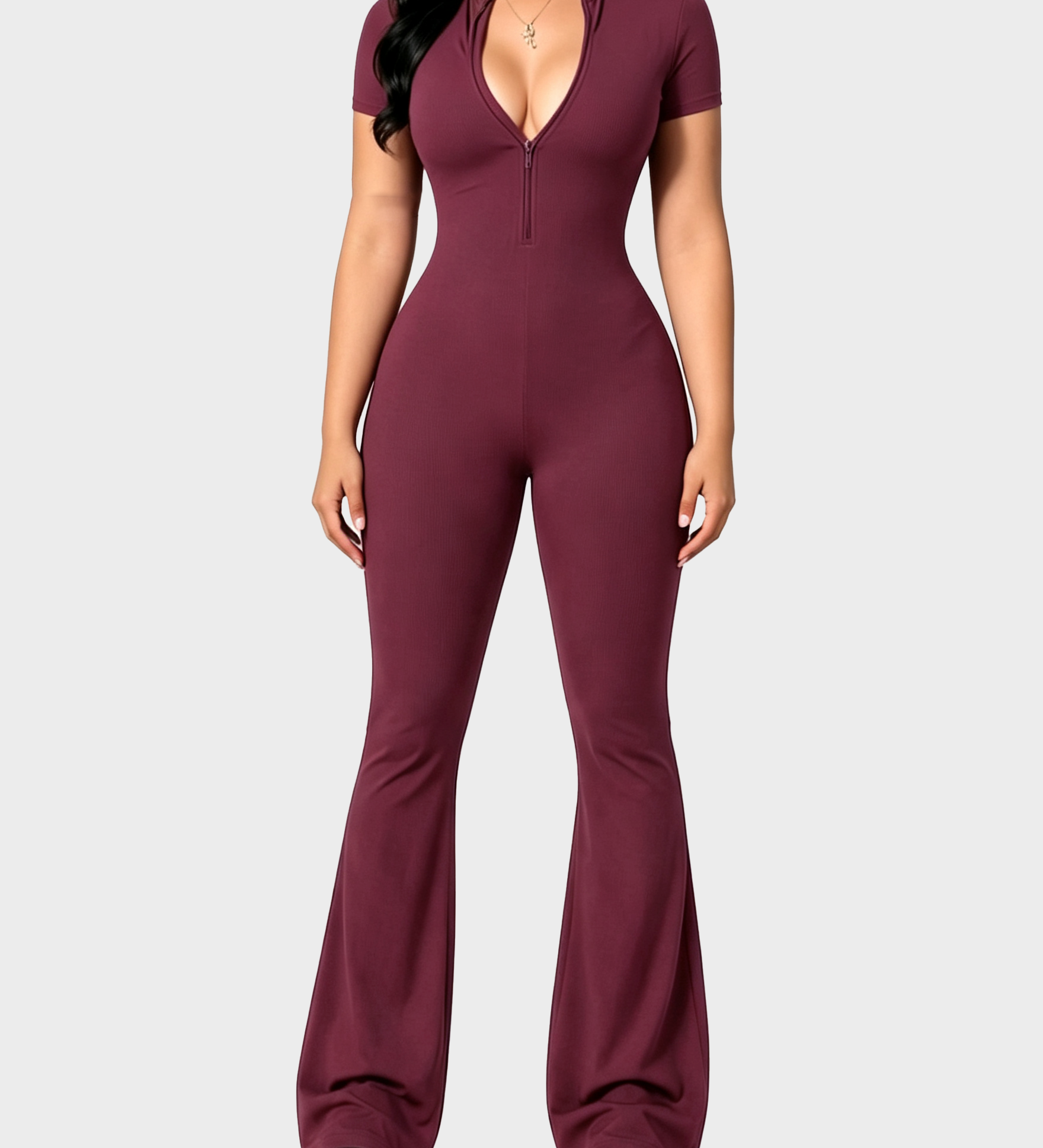 Front Zipper Short Sleeve Ribbed Slim Butt Lifting Flare Leg Jumpsuit