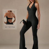 V-neck Lace-trimmed Halter Neck Yoga Sports Fitted Jumpsuit