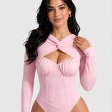 Sexy Twist Cutout Bustier Long Sleeve High Cut Bodysuit