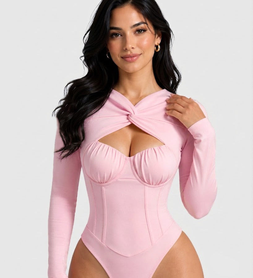 Sexy Twist Cutout Bustier Long Sleeve High Cut Bodysuit