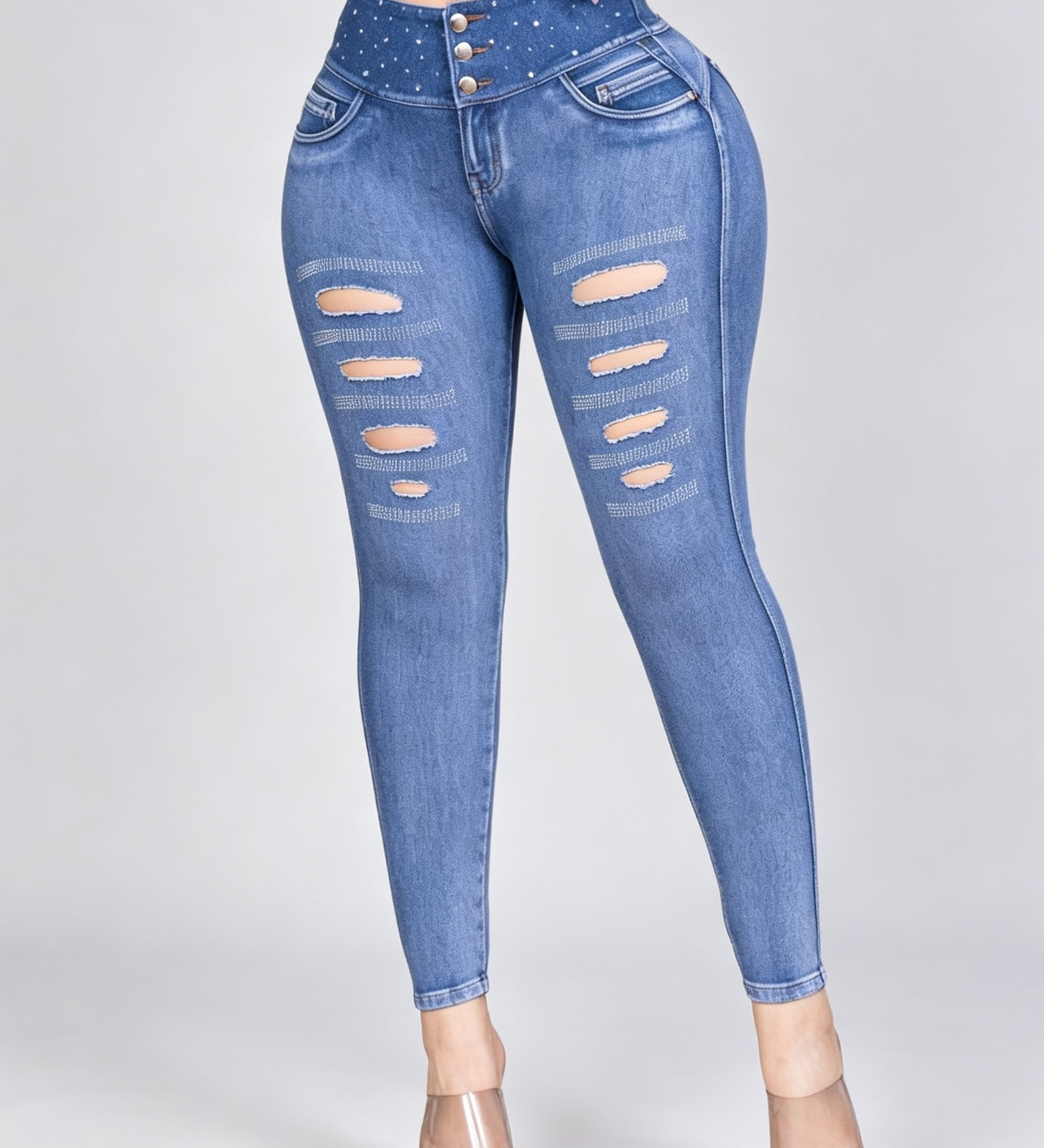 High Waist Double Button Rhinestone Ripped Butt Lifting Skinny Jeans