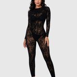Sexy Long Sleeve Sheer Lace Open Back Bodycon Jumpsuit