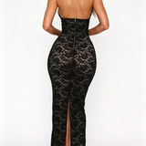 Halter Deep V Backless Lace Slit Midi Bodycon Dress