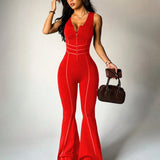 Front Zipper  Cutout Back Sleeveless Flare Leg Slim-fit Jumpsuit