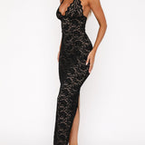 Halter Deep V Backless Lace Slit Midi Bodycon Dress
