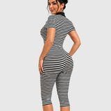Striped Collar Short Sleeve Capri Skinny Jumpsuit