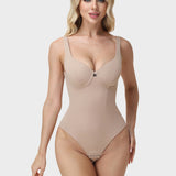 U Neck Wide Strap Lace Panel Thong Bodysuit Seamless Tummy Control Butt Lifting Shaper