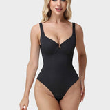 U Neck Wide Strap Lace Panel Thong Bodysuit Seamless Tummy Control Butt Lifting Shaper