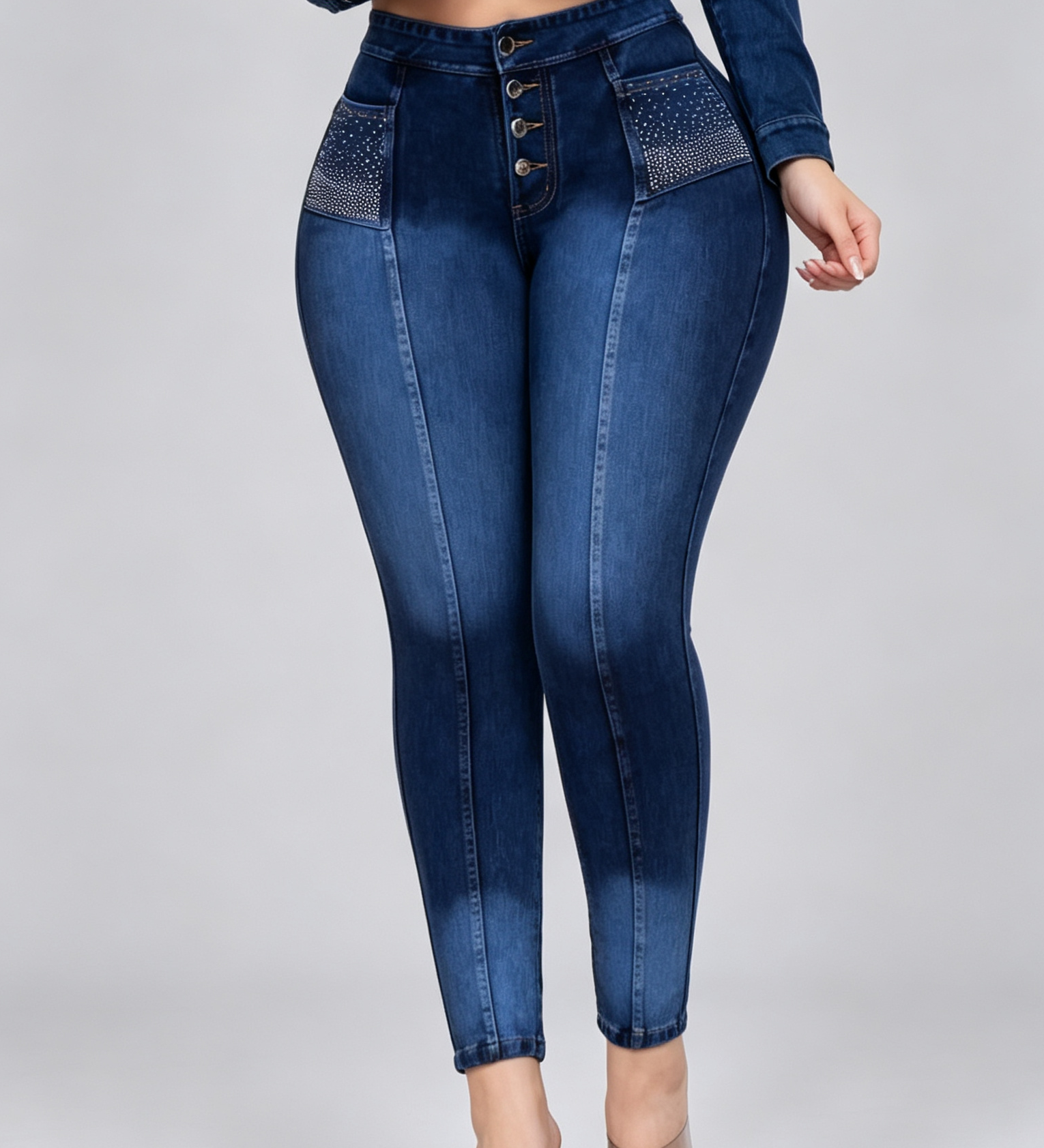 High Waist Rhinestone Pocket Butt Lifting Seam Detail Skinny Jeans