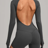 Round Neck Long Sleeve Open Back Tight Fit Workout Romper