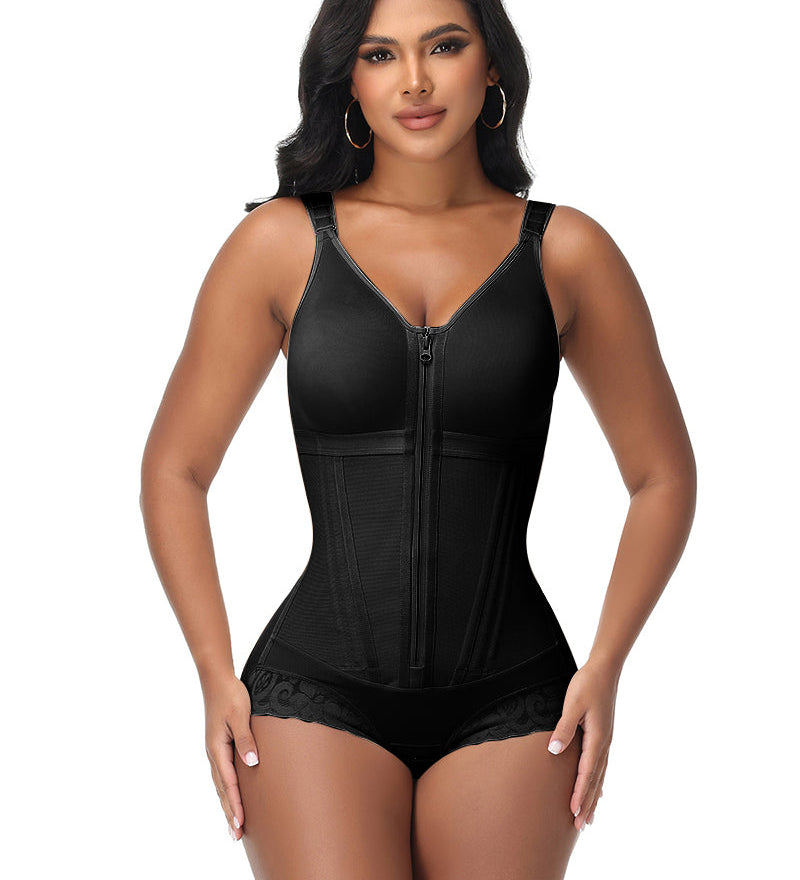 Double-Layer PowerMesh Hourglass Tummy Sculpt Zipper Bodysuit With Bra