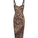Women's Leopard Mesh-lined Underwire Cup Stretch Bodycon Midi Dress