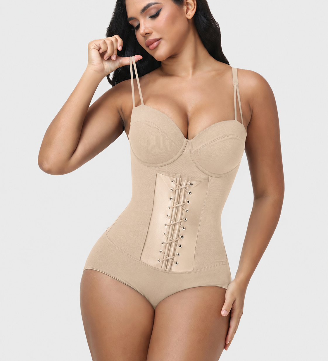 V Neck Double Thin Strap Leather Lace Up Tummy Control Bodysuit