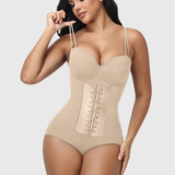 V Neck Double Thin Strap Leather Lace Up Tummy Control Bodysuit