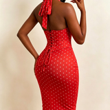 Polka Dot Corset Halter Midi Dress with Lace-Up Back