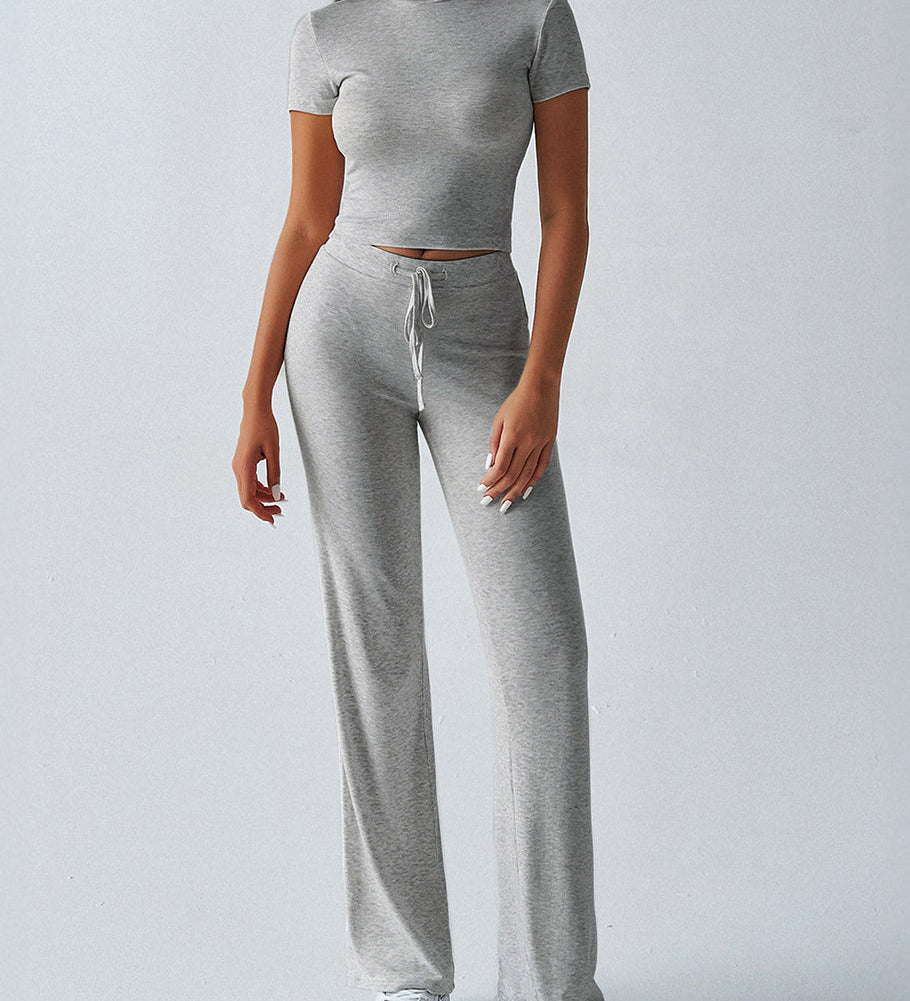 Essential Two-Piece Active Set ropped Short Sleeve Top Drawstring Flare Pants
